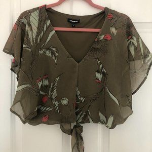 Cropped Olive Green and Floral Blouse
